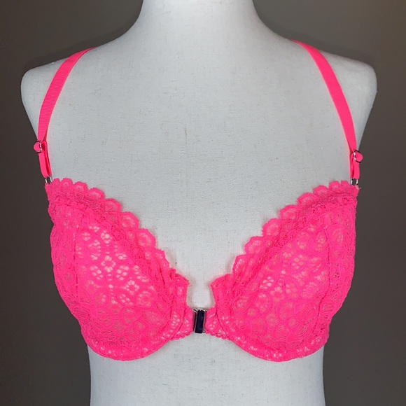 EUC Victoria’s Secret neon pink lace front closure T back bra 32DD worn once - Picture 2 of 7